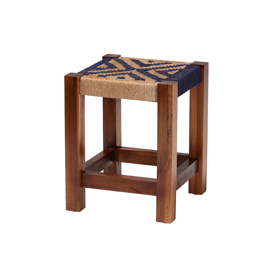 Bohemian Two-Tone Navy Blue and Natural Brown Seagrass and Acacia Wood Footstool. Picture 1