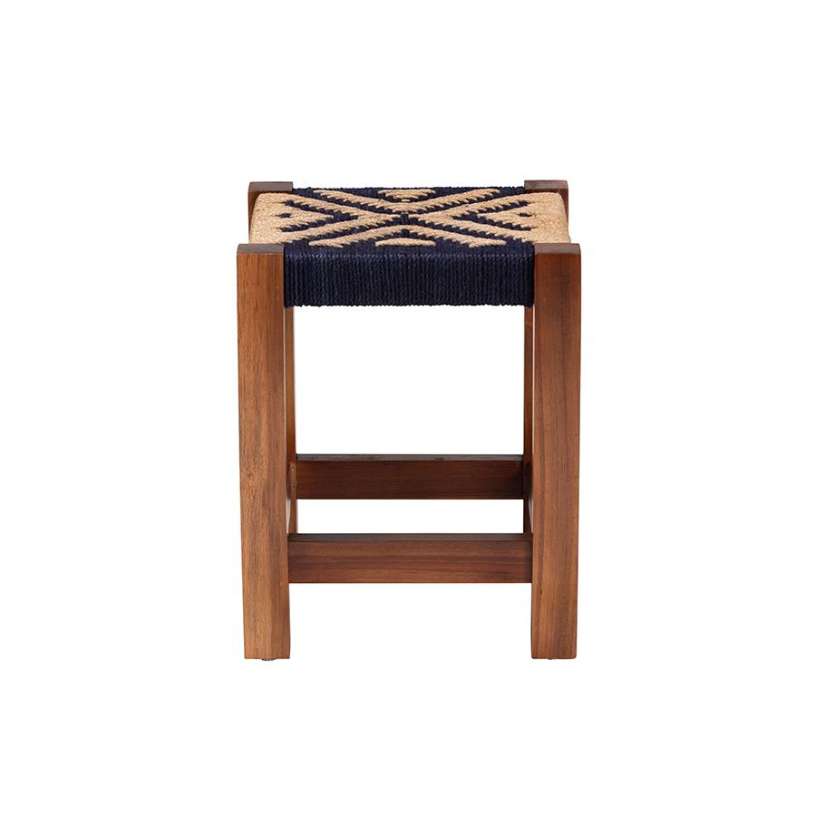 Bohemian Two-Tone Navy Blue and Natural Brown Seagrass and Acacia Wood Footstool. Picture 3