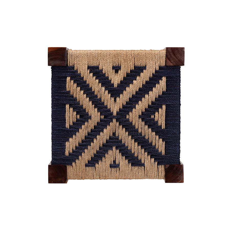 Bohemian Two-Tone Navy Blue and Natural Brown Seagrass and Acacia Wood Footstool. Picture 5