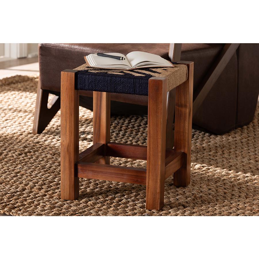 Bohemian Two-Tone Navy Blue and Natural Brown Seagrass and Acacia Wood Footstool. Picture 7