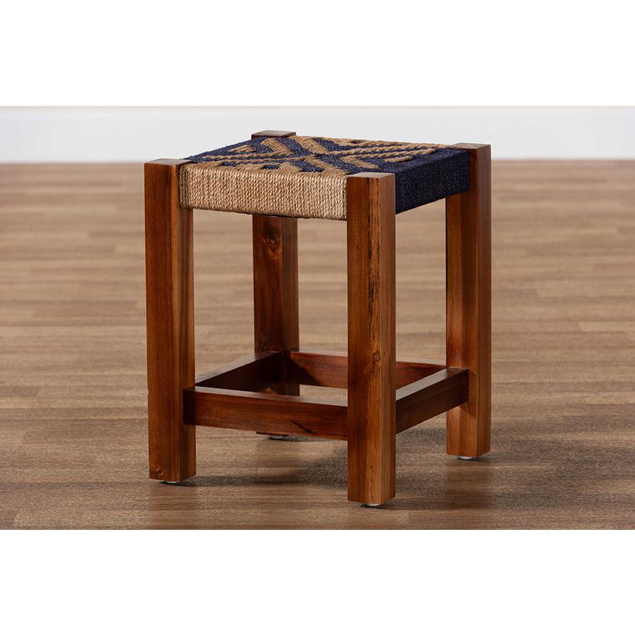 Bohemian Two-Tone Navy Blue and Natural Brown Seagrass and Acacia Wood Footstool. Picture 8