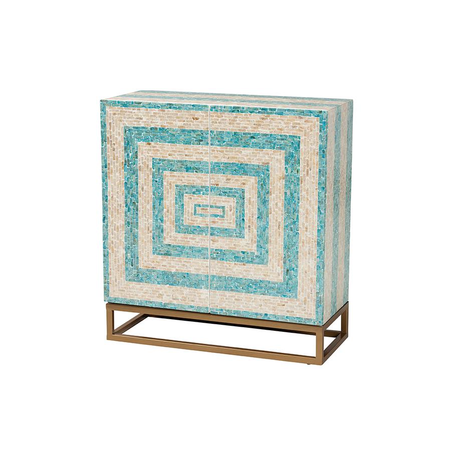 Bohemian Two-Tone Beige and Blue Mother of Pearl and Gold Metal Storage Cabinet. Picture 1