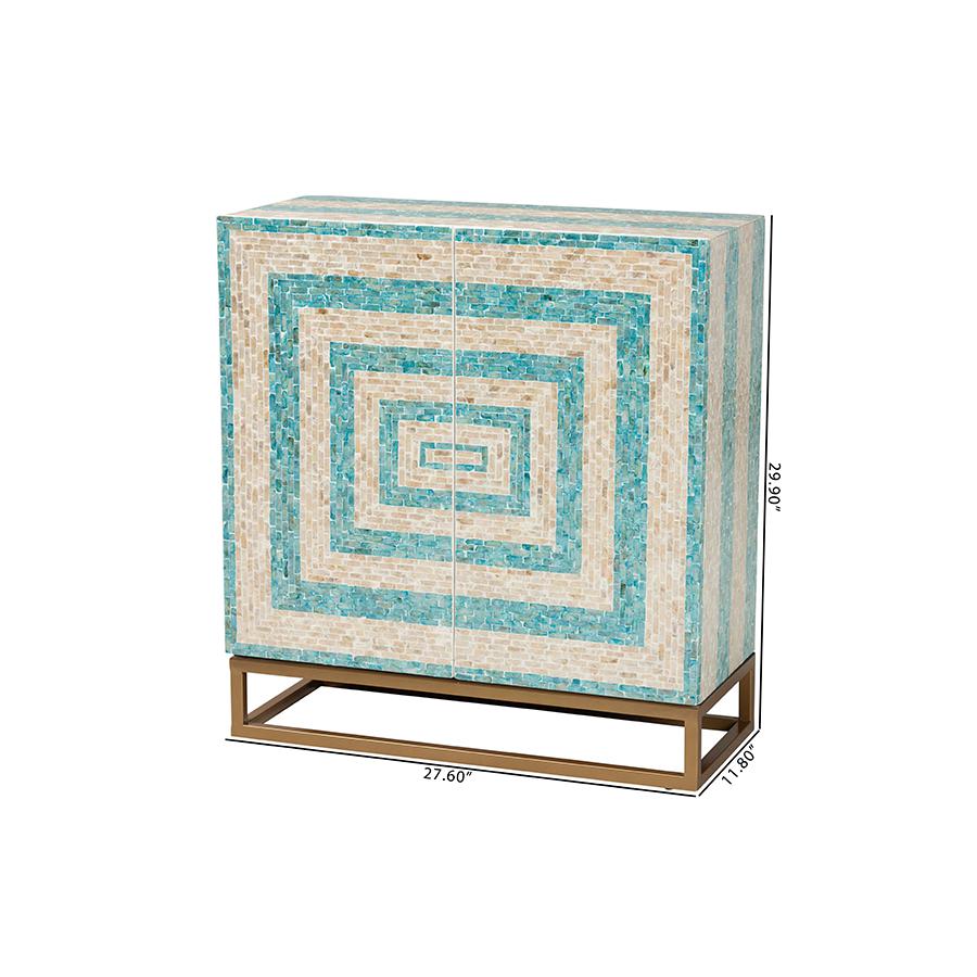 Bohemian Two-Tone Beige and Blue Mother of Pearl and Gold Metal Storage Cabinet. Picture 10