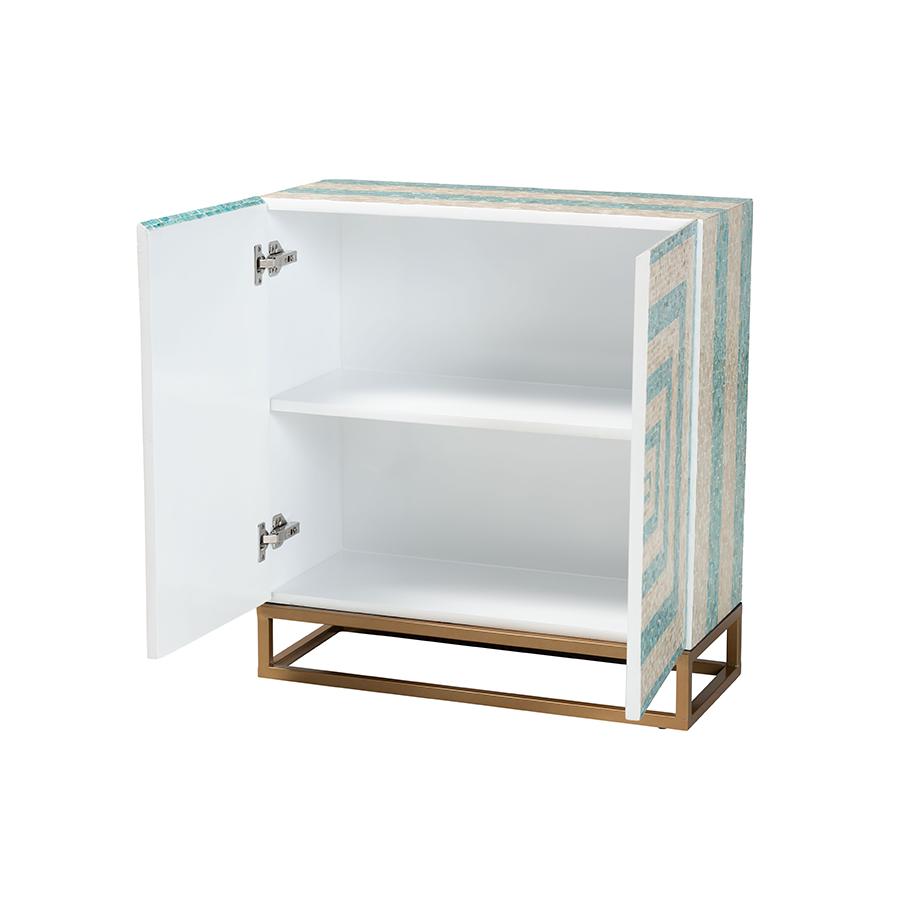 Bohemian Two-Tone Beige and Blue Mother of Pearl and Gold Metal Storage Cabinet. Picture 2