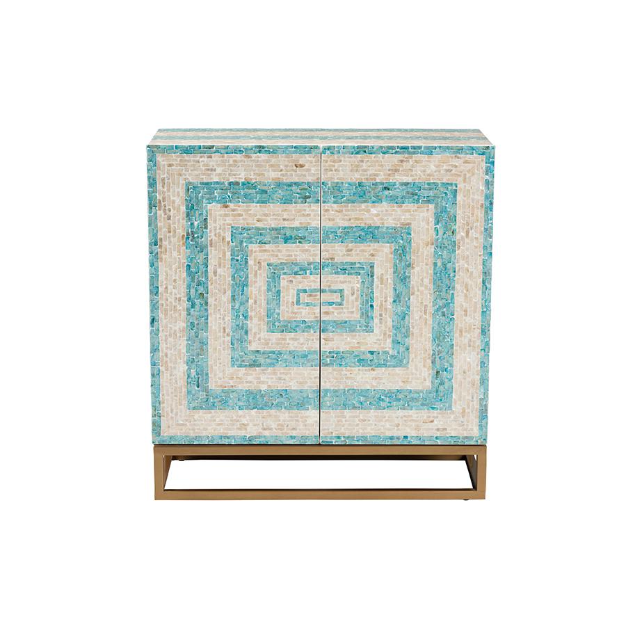 Bohemian Two-Tone Beige and Blue Mother of Pearl and Gold Metal Storage Cabinet. Picture 3