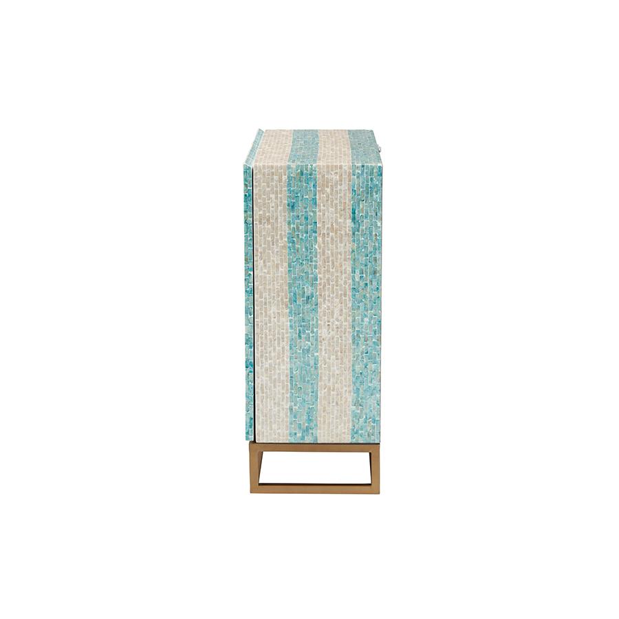 Bohemian Two-Tone Beige and Blue Mother of Pearl and Gold Metal Storage Cabinet. Picture 4