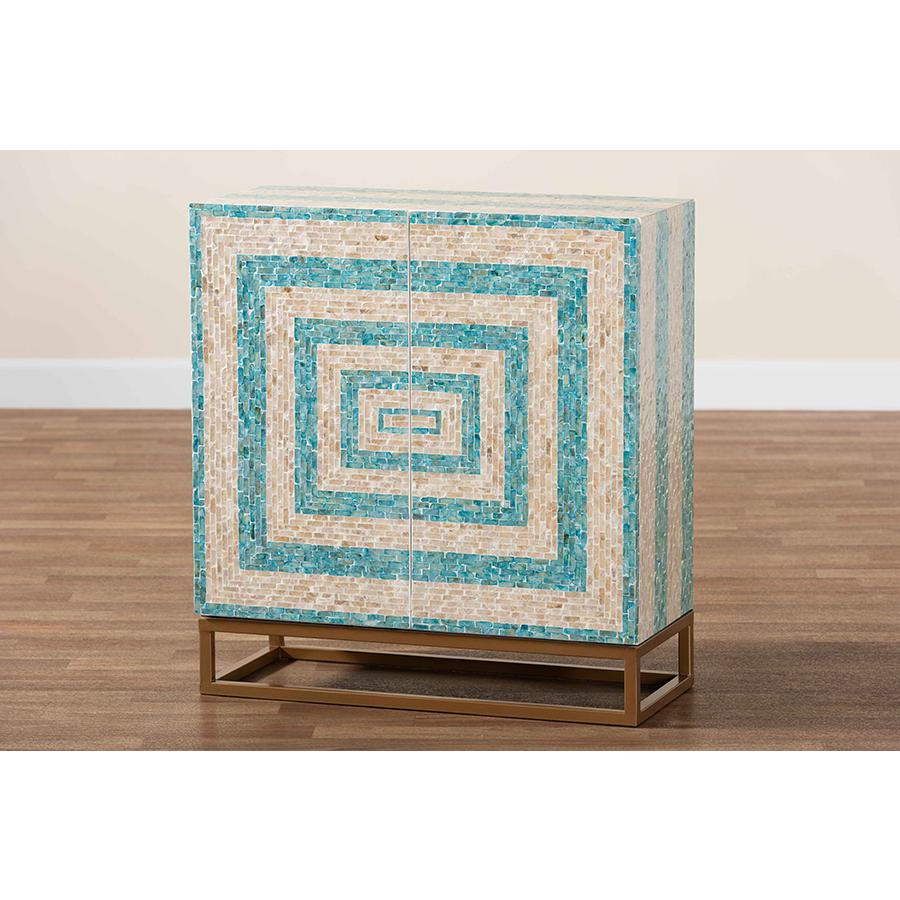 Bohemian Two-Tone Beige and Blue Mother of Pearl and Gold Metal Storage Cabinet. Picture 9