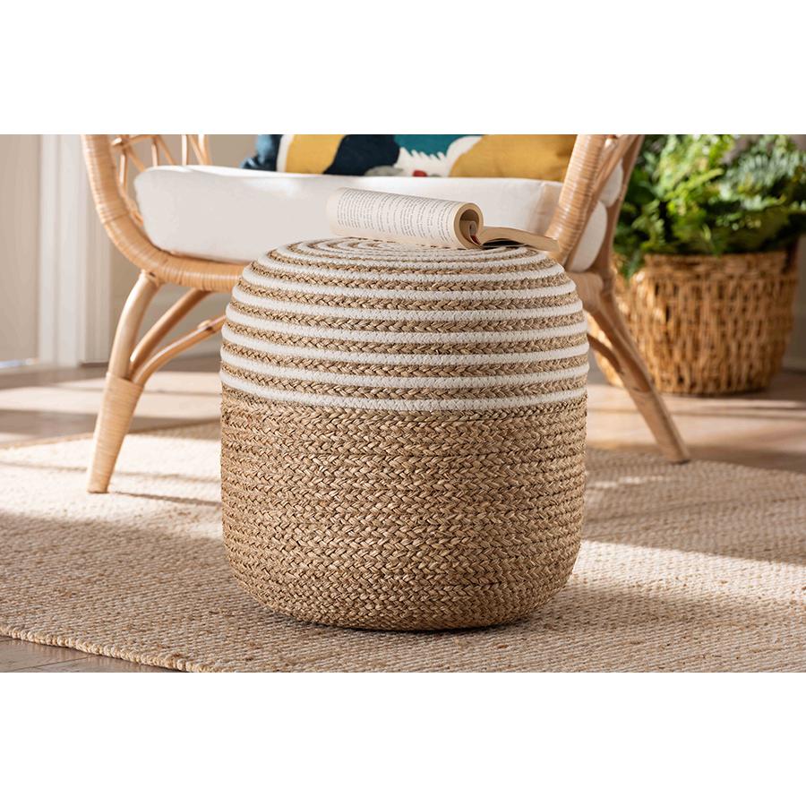 Bohemian Natural Brown Seagrass and Woven Rope Ottoman Footstool. Picture 5