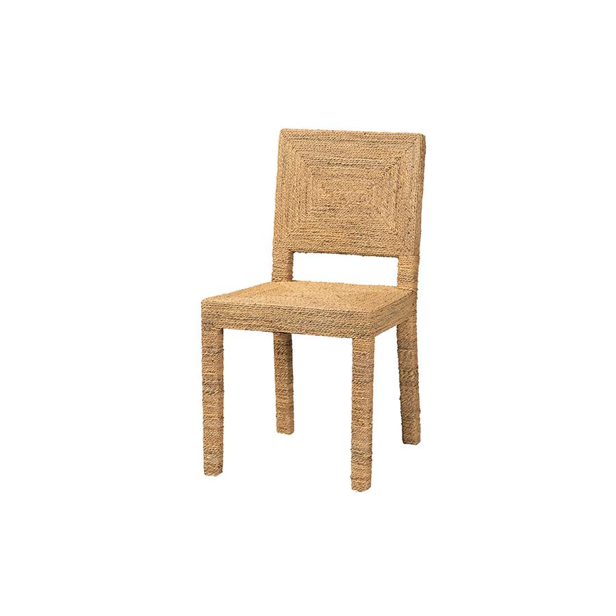 Anfield Modern Bohemian Natural Seagrass and Mahogany Wood Dining Chair. Picture 1