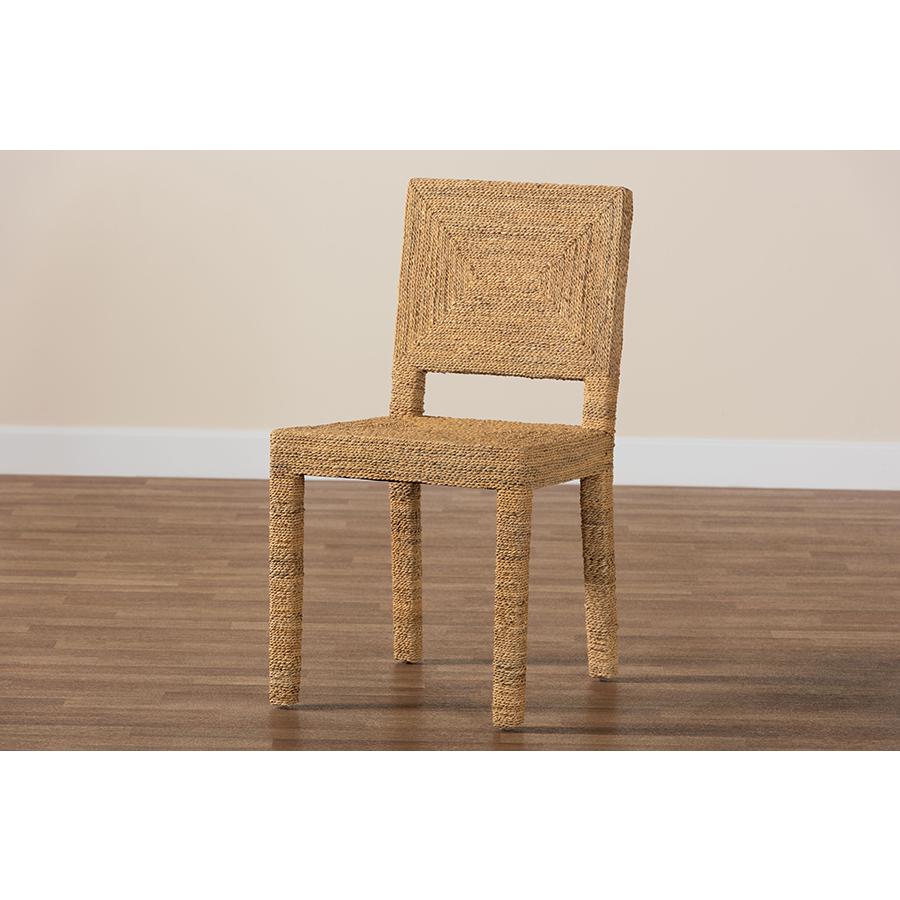 Anfield Modern Bohemian Natural Seagrass and Mahogany Wood Dining Chair. Picture 9