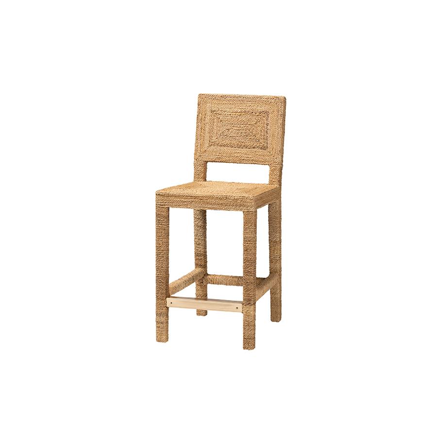 Anfield Modern Bohemian Natural Seagrass and Mahogany Wood Counter Stool. Picture 1