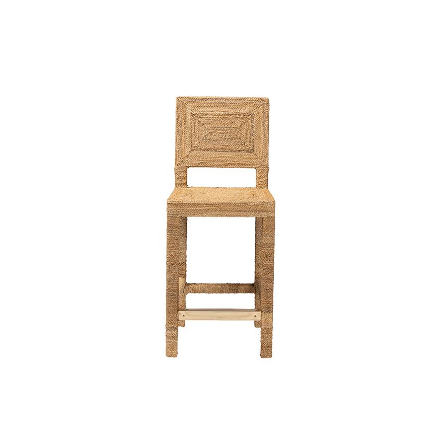 Anfield Modern Bohemian Natural Seagrass and Mahogany Wood Counter Stool. Picture 2