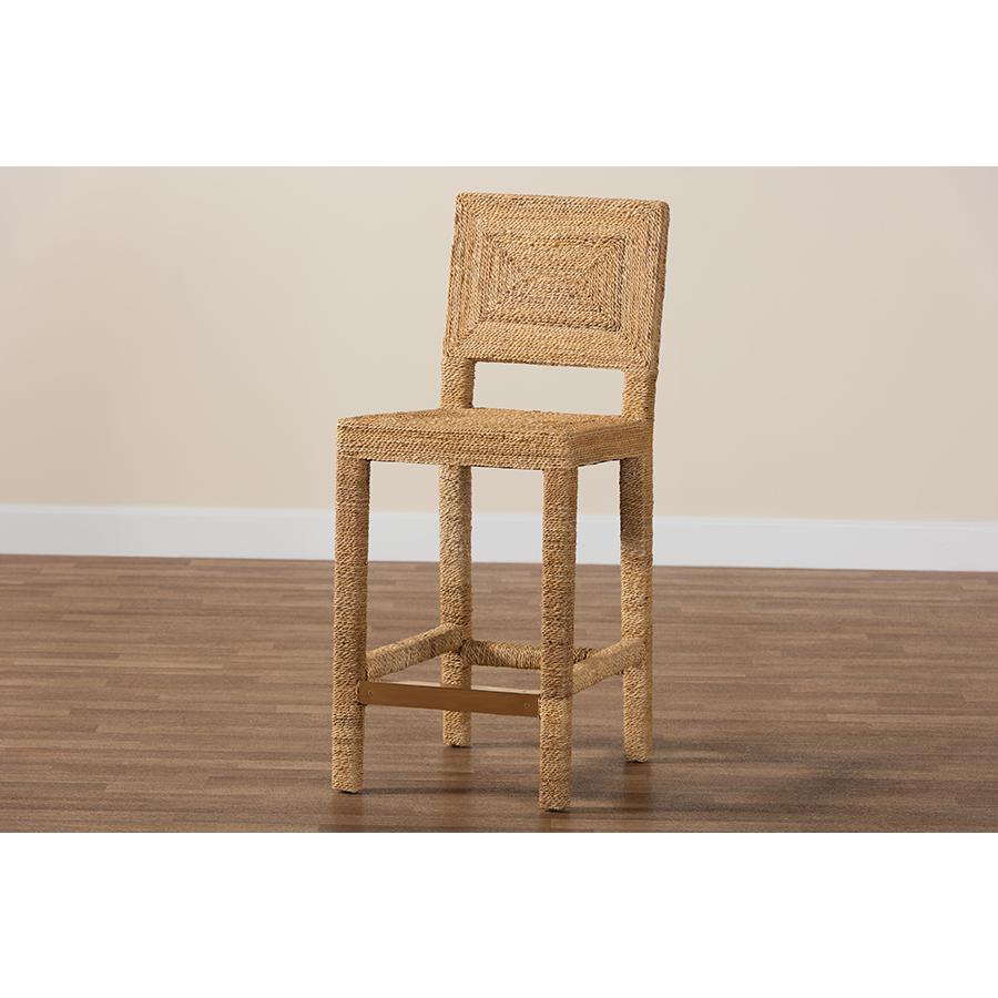 Anfield Modern Bohemian Natural Seagrass and Mahogany Wood Counter Stool. Picture 9