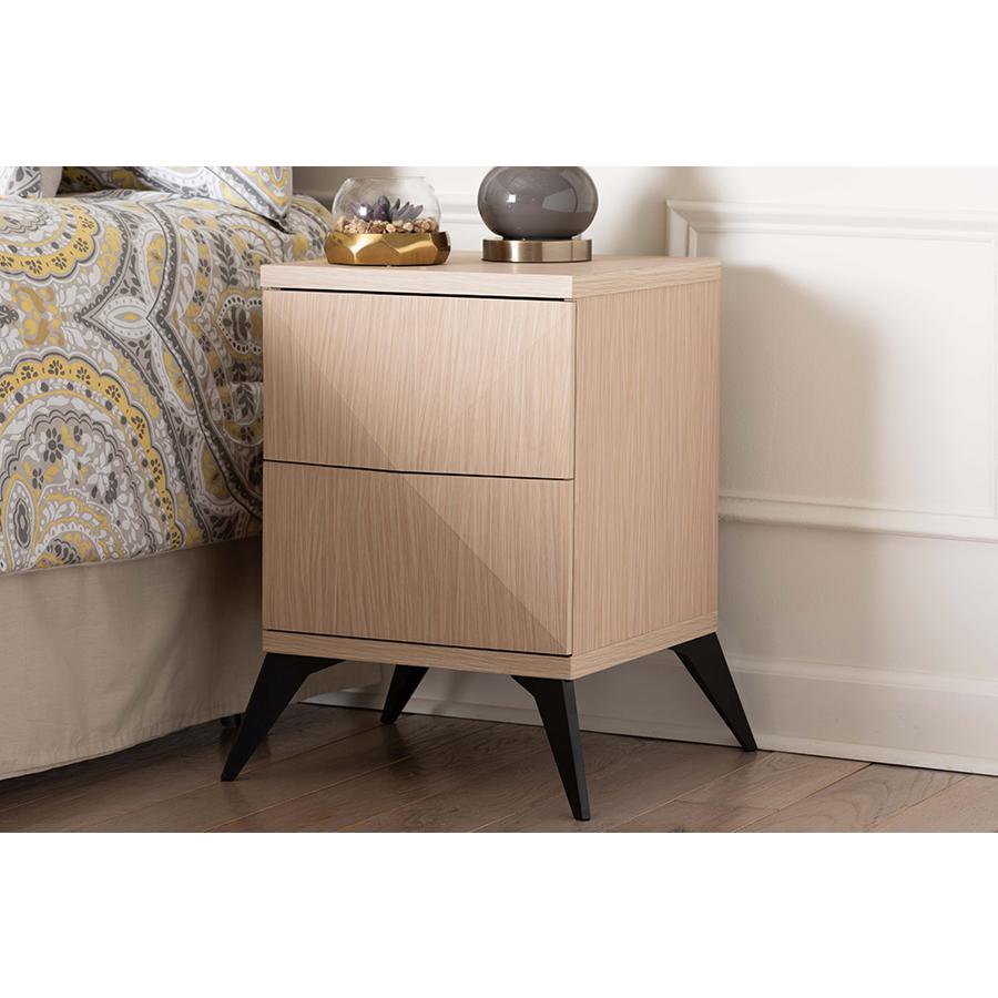 Modern Two-Tone Light Brown and Black Wood 2-Drawer Nightstand. Picture 7