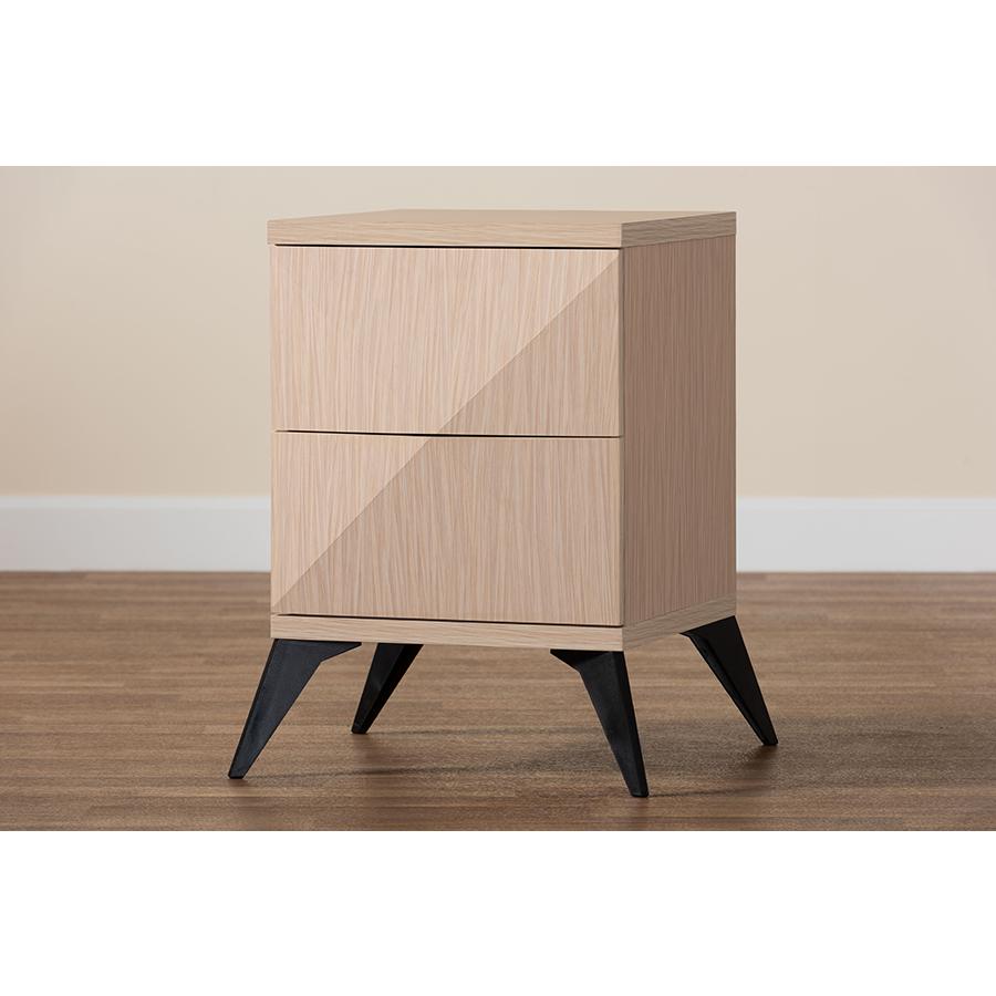 Modern Two-Tone Light Brown and Black Wood 2-Drawer Nightstand. Picture 8