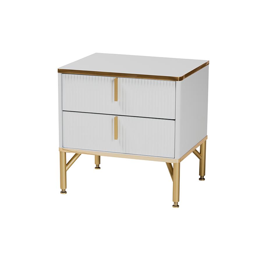 Lilac Modern Glam White Wood and Gold Metal 2-Drawer Nightstand. Picture 1