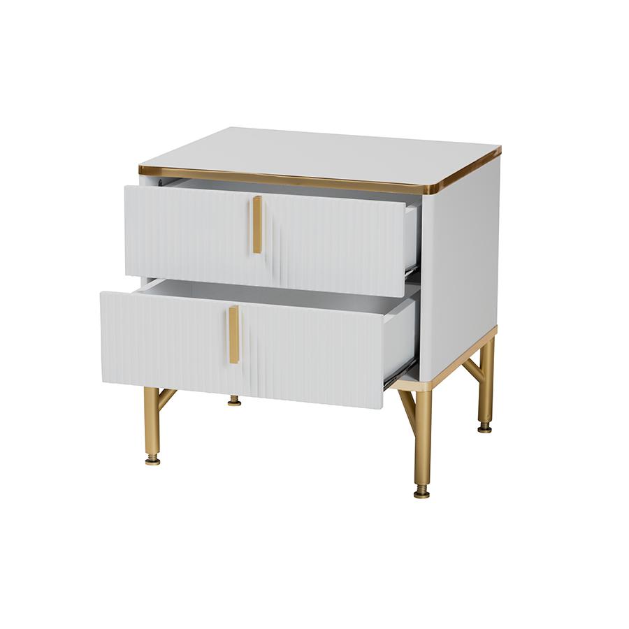 Lilac Modern Glam White Wood and Gold Metal 2-Drawer Nightstand. Picture 2