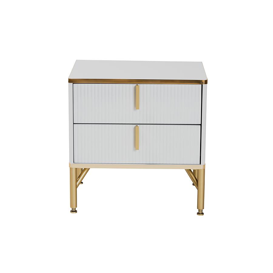Lilac Modern Glam White Wood and Gold Metal 2-Drawer Nightstand. Picture 3