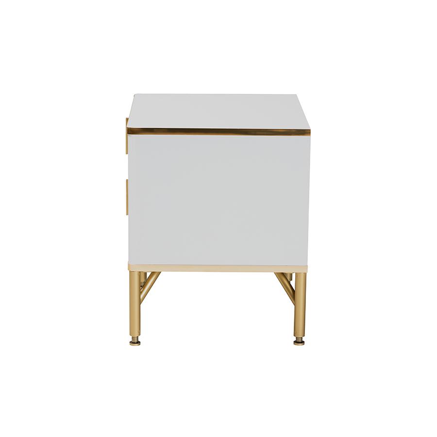 Lilac Modern Glam White Wood and Gold Metal 2-Drawer Nightstand. Picture 4