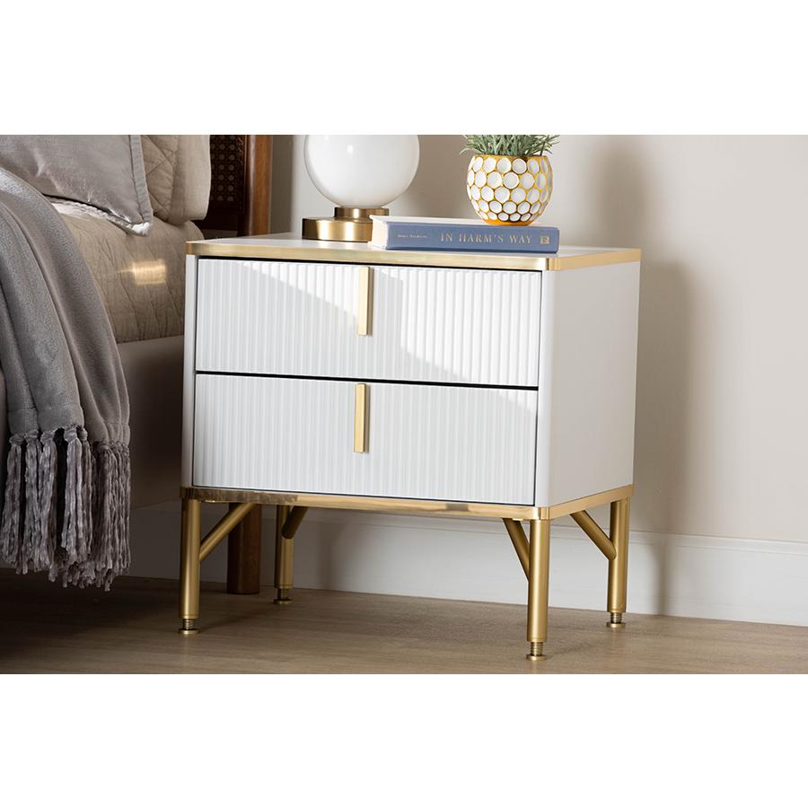 Lilac Modern Glam White Wood and Gold Metal 2-Drawer Nightstand. Picture 8