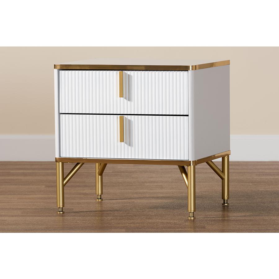 Lilac Modern Glam White Wood and Gold Metal 2-Drawer Nightstand. Picture 9