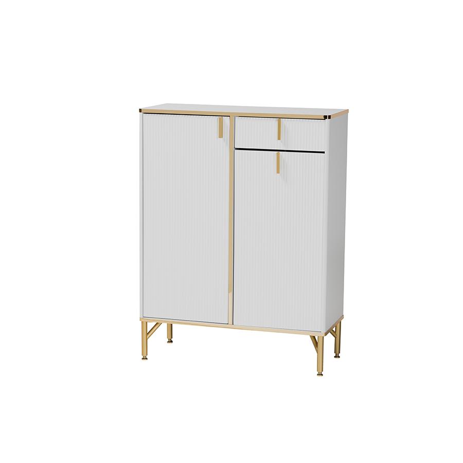 Lilac Modern Glam White Wood and Gold Metal 2-Door Shoe Cabinet. Picture 1