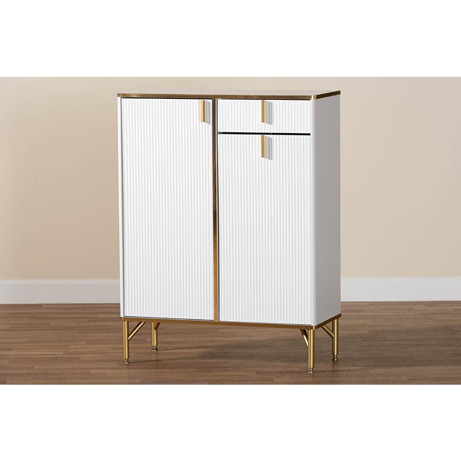 Lilac Modern Glam White Wood and Gold Metal 2-Door Shoe Cabinet. Picture 10