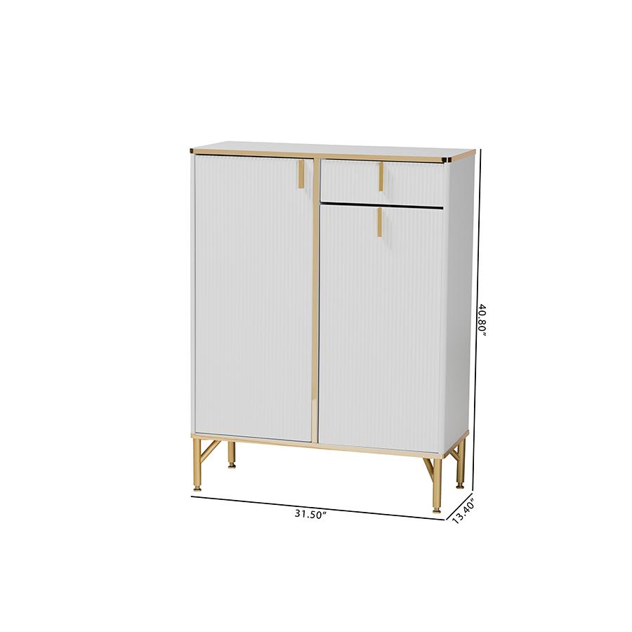 Lilac Modern Glam White Wood and Gold Metal 2-Door Shoe Cabinet. Picture 11