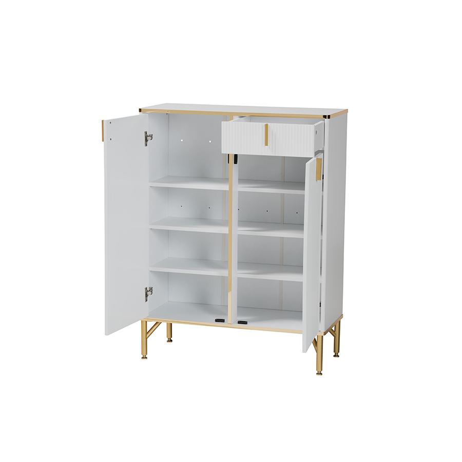 Lilac Modern Glam White Wood and Gold Metal 2-Door Shoe Cabinet. Picture 2