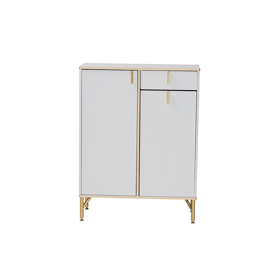 Lilac Modern Glam White Wood and Gold Metal 2-Door Shoe Cabinet. Picture 3