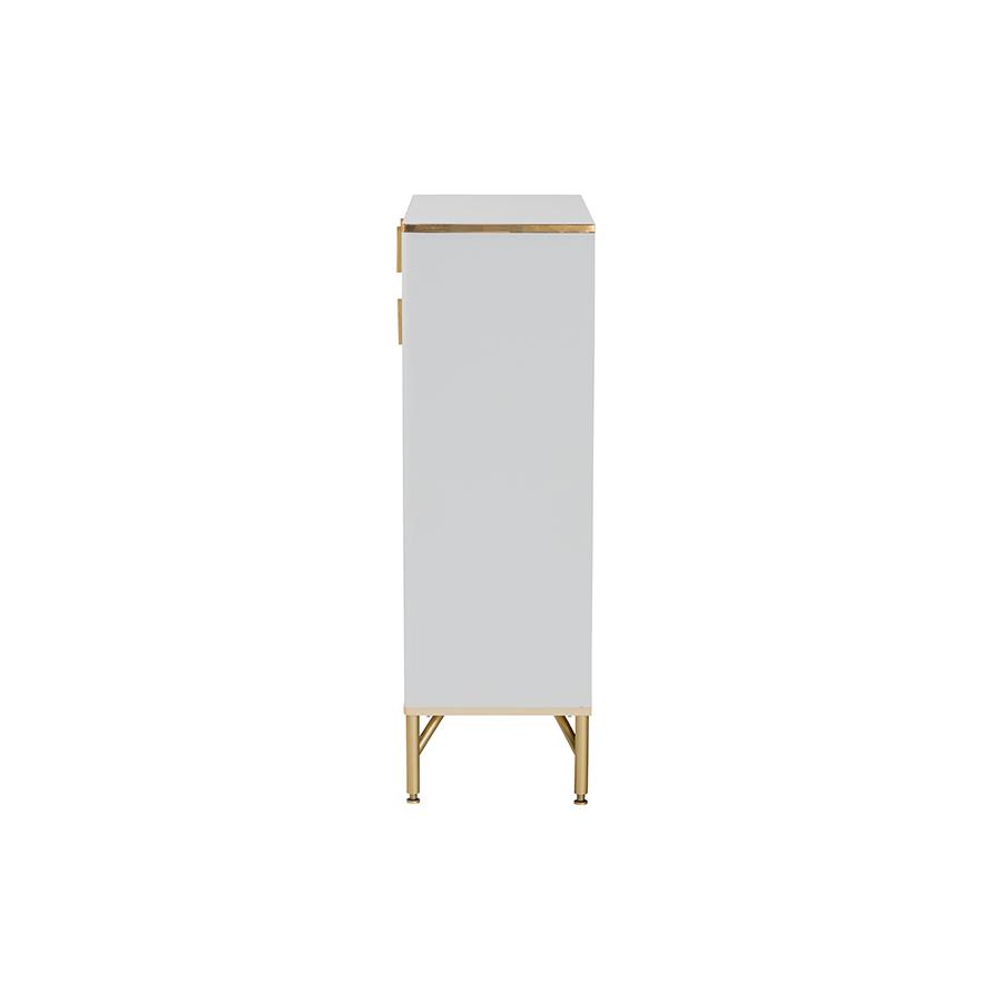 Lilac Modern Glam White Wood and Gold Metal 2-Door Shoe Cabinet. Picture 4
