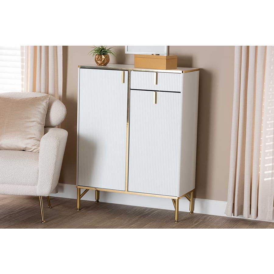 Lilac Modern Glam White Wood and Gold Metal 2-Door Shoe Cabinet. Picture 8