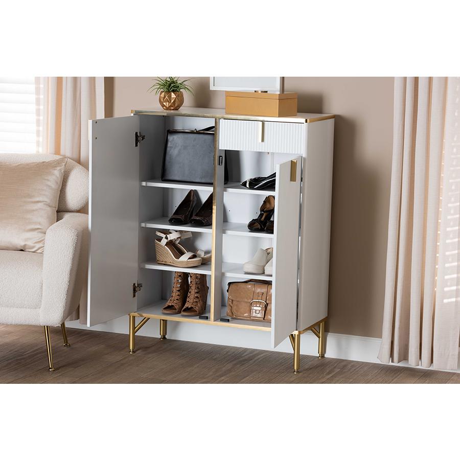 Lilac Modern Glam White Wood and Gold Metal 2-Door Shoe Cabinet. Picture 9