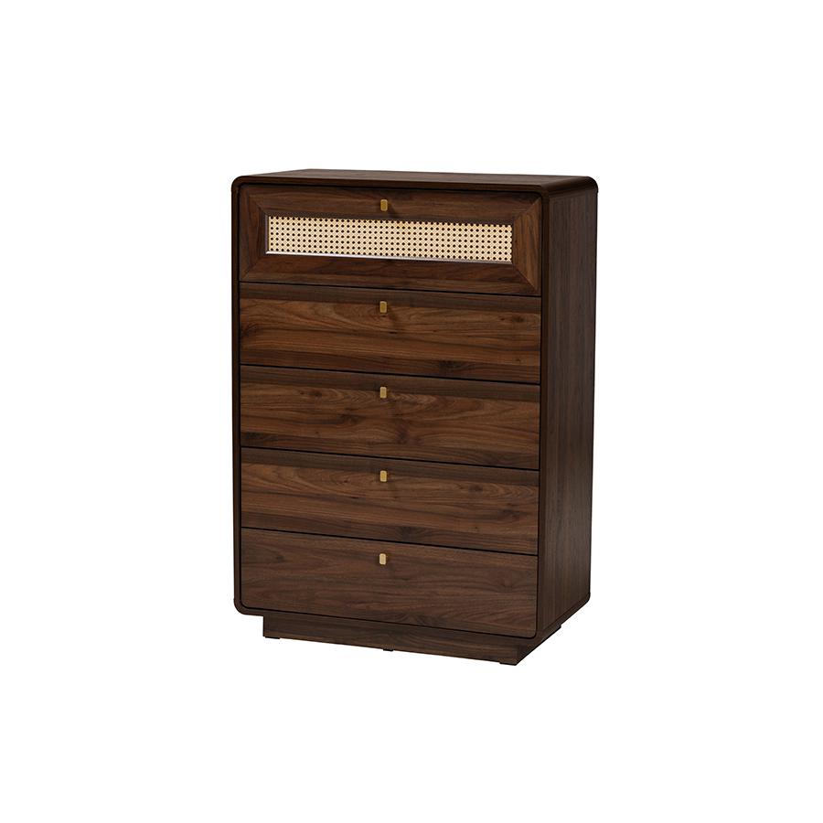 Jenibelle Classic Walnut Brown Wood 5-Drawer Chest with Rattan Drawer. Picture 1