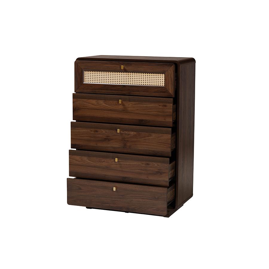 Jenibelle Classic Walnut Brown Wood 5-Drawer Chest with Rattan Drawer. Picture 2