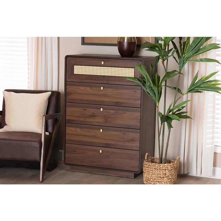 Jenibelle Classic Walnut Brown Wood 5-Drawer Chest with Rattan Drawer. Picture 8