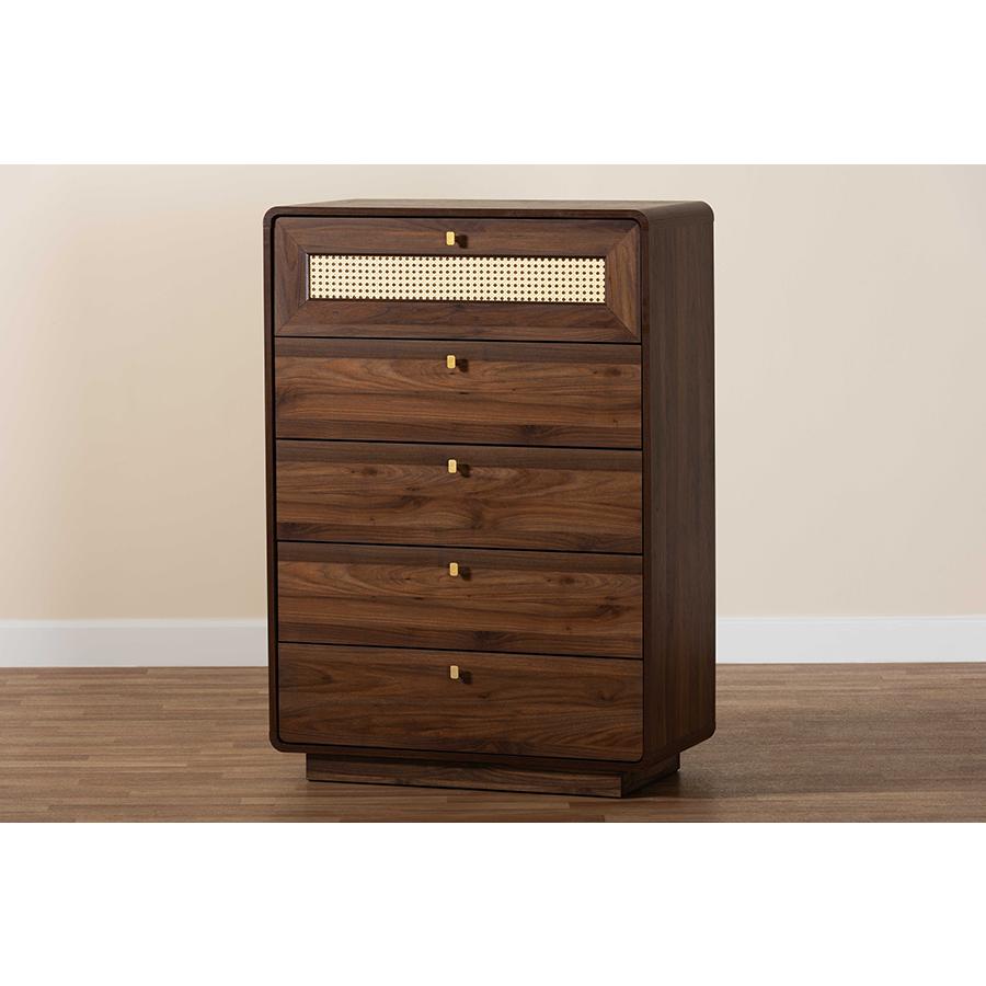 Jenibelle Classic Walnut Brown Wood 5-Drawer Chest with Rattan Drawer. Picture 9