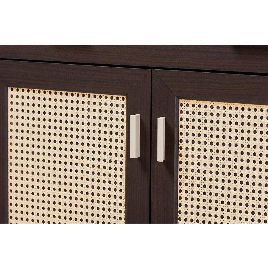 Mid-Century Modern Espresso Brown Wood 2-Door Shoe Cabinet with Rattan Door. Picture 5