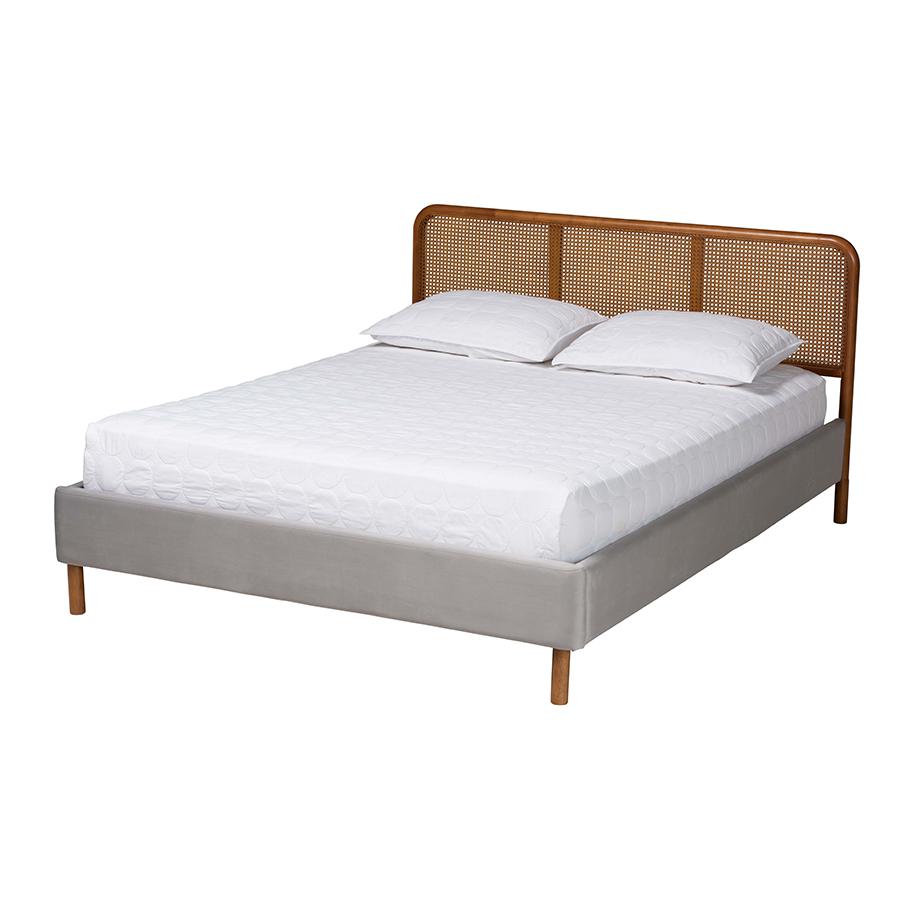 Light Grey Velvet Fabric and Walnut Brown Finished Wood Queen Size Platform Bed. Picture 1