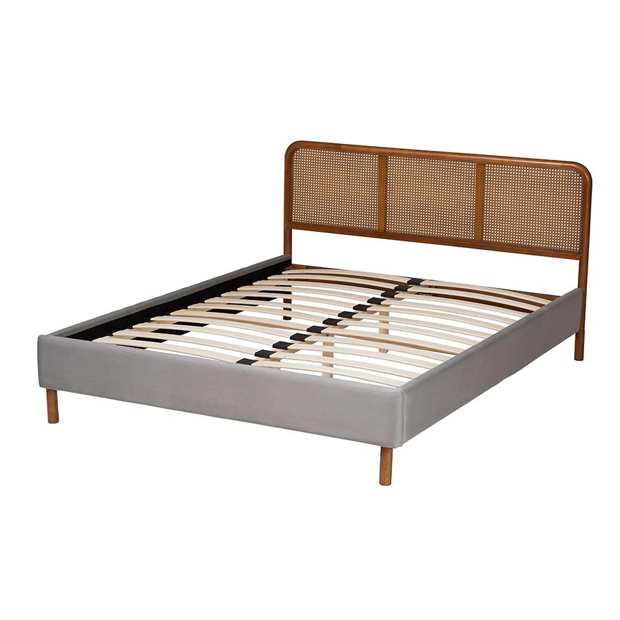 Light Grey Velvet Fabric and Walnut Brown Finished Wood Queen Size Platform Bed. Picture 3