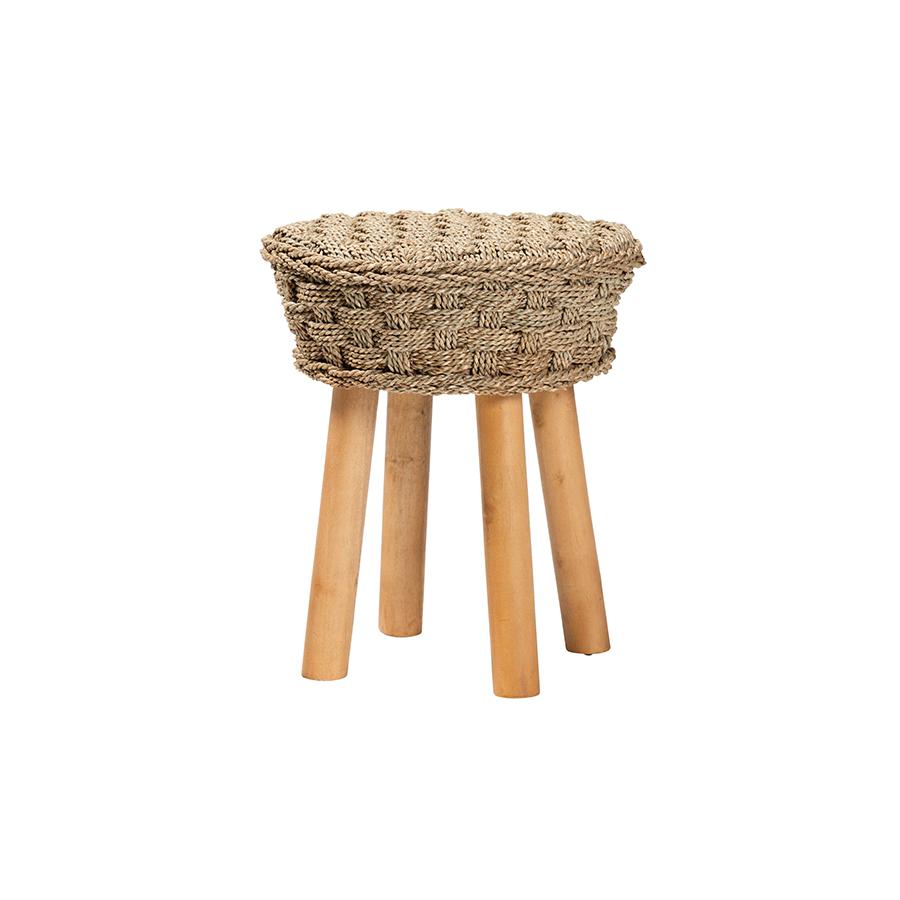 Denver Modern Bohemian Natural Seagrass and Acacia Wood Stool. Picture 1