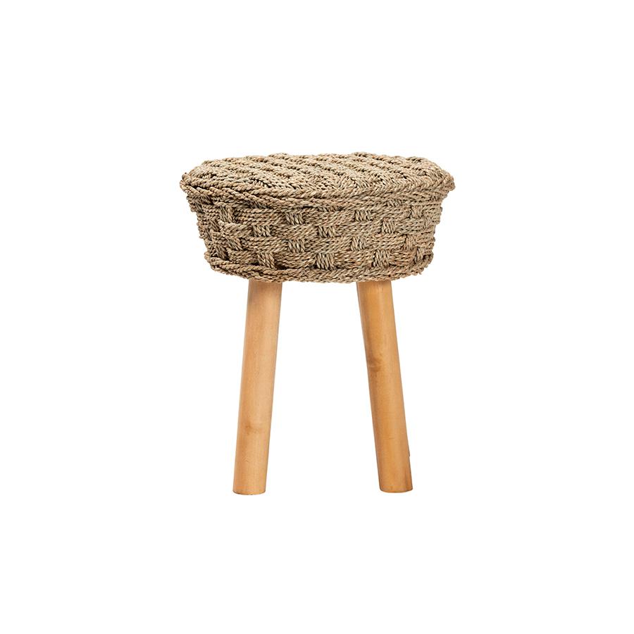 Denver Modern Bohemian Natural Seagrass and Acacia Wood Stool. Picture 2