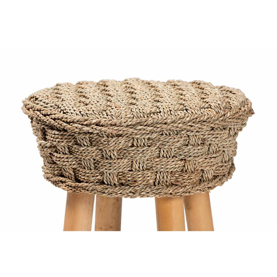 Denver Modern Bohemian Natural Seagrass and Acacia Wood Stool. Picture 3