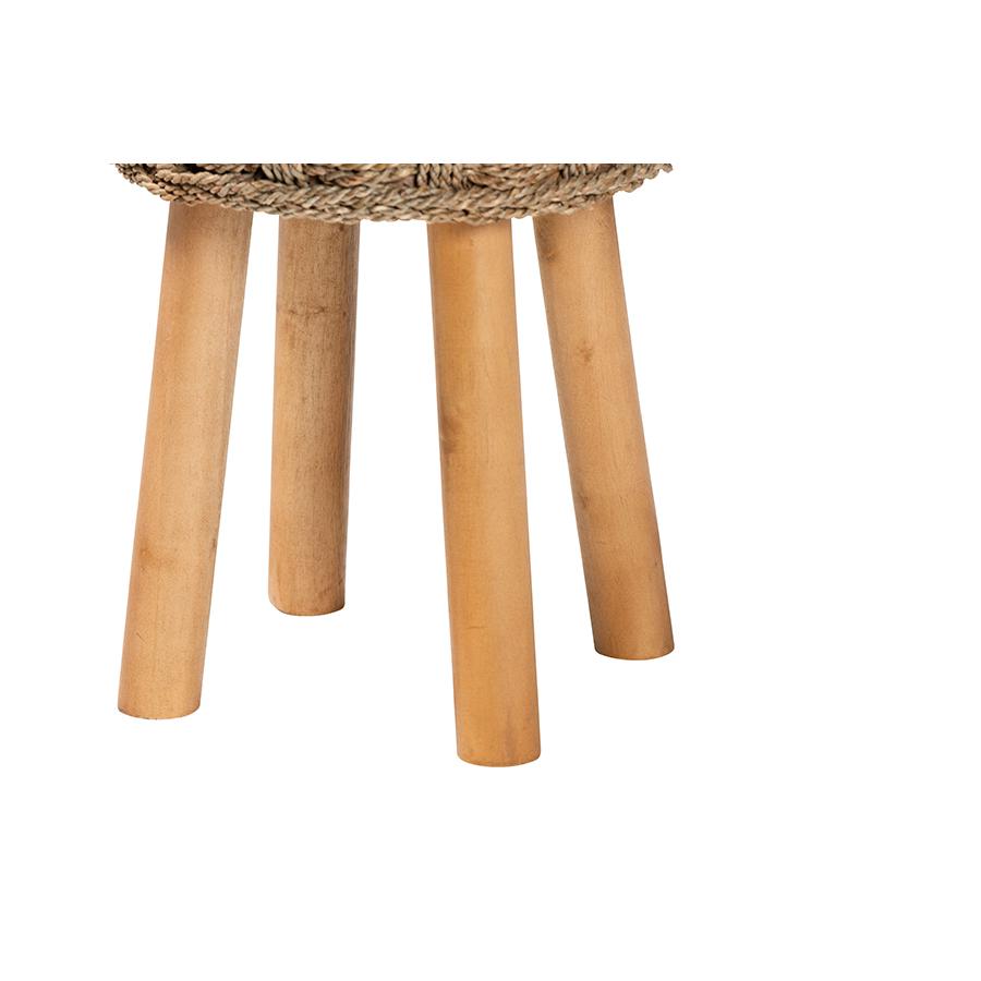 Denver Modern Bohemian Natural Seagrass and Acacia Wood Stool. Picture 4