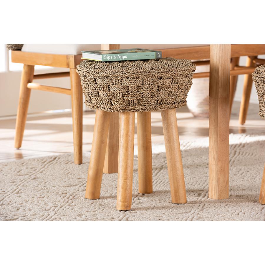 Denver Modern Bohemian Natural Seagrass and Acacia Wood Stool. Picture 6