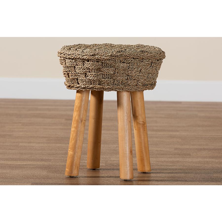 Denver Modern Bohemian Natural Seagrass and Acacia Wood Stool. Picture 7