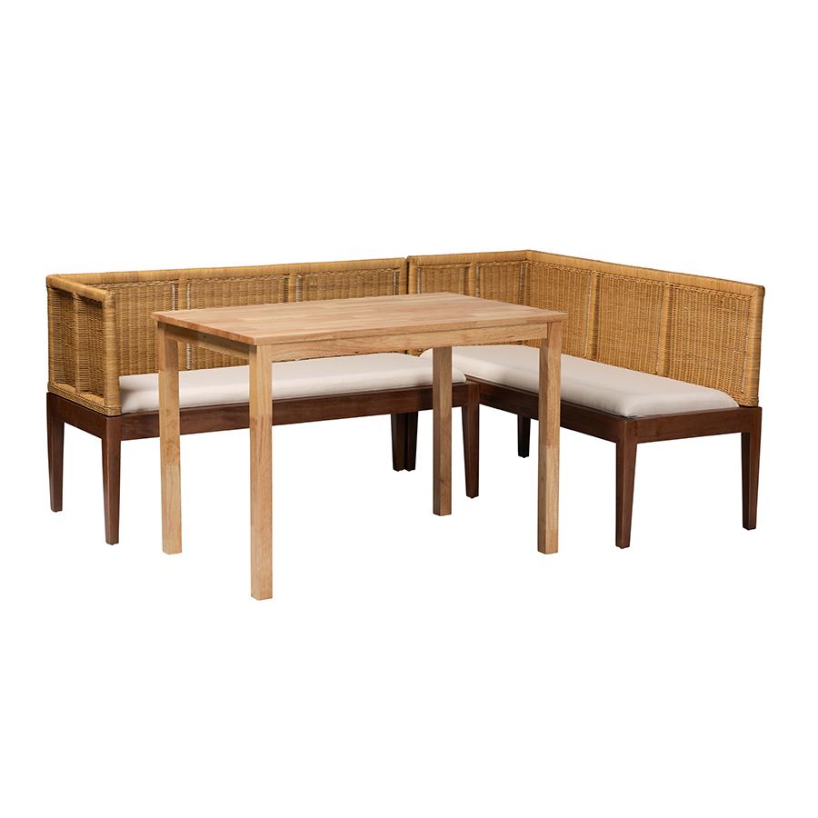 Bohemian Natural Brown Rattan and Brown Acacia Wood 3-Piece Dining Nook set. Picture 1