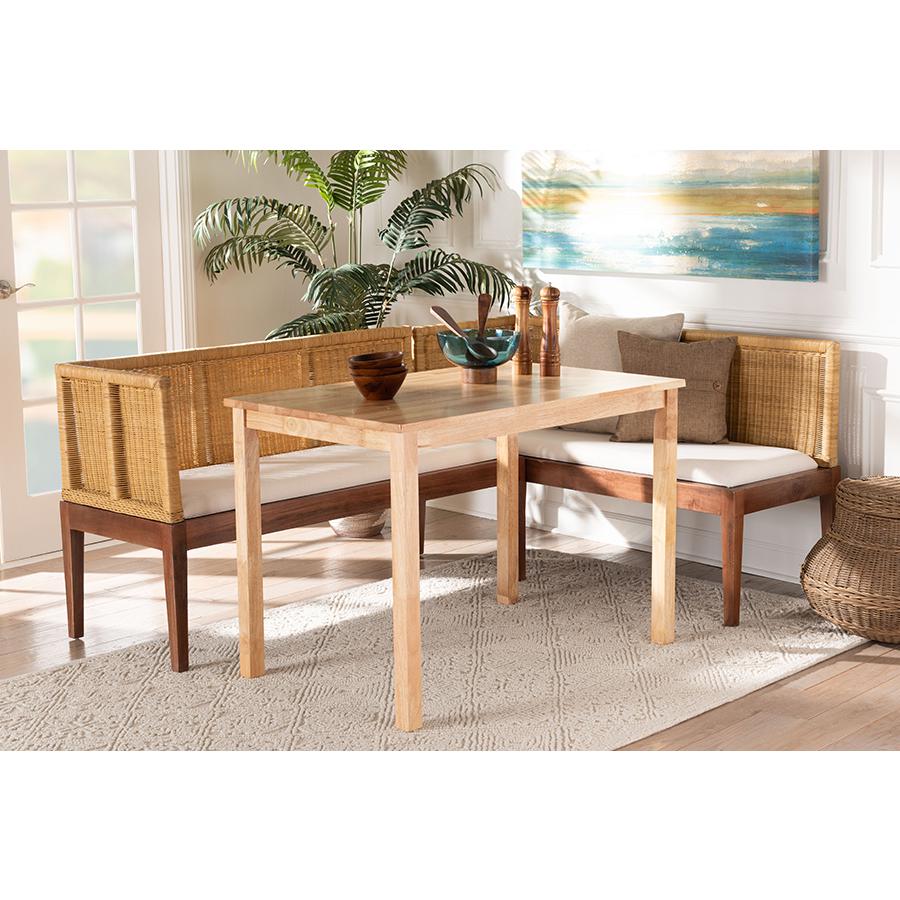 Bohemian Natural Brown Rattan and Brown Acacia Wood 3-Piece Dining Nook set. Picture 8