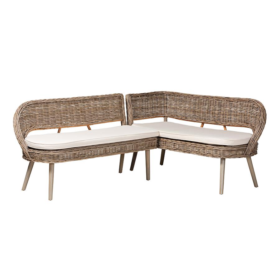 Natural Kubu Rattan and Grey Acacia Wood 2-Piece Dining Nook Banquette Set. Picture 1