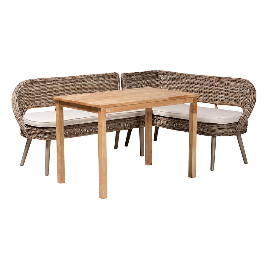 Modern Bohemian Natural Kubu Rattan Bench and Wood Table 3-Piece Dining Nook Set. Picture 1